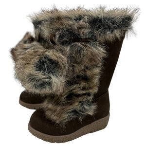Old Navy Brown Faux Fur Lined Wedge Boots Pom Pom Side Zip Toddler Girls Sz 6 6C